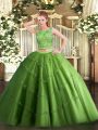 Sleeveless Tulle Floor Length Lace Up 15 Quinceanera Dress in Green with Beading and Appliques