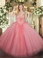 Floor Length Watermelon Red Sweet 16 Quinceanera Dress V-neck Sleeveless Lace Up