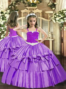 Organza Straps Sleeveless Lace Up Appliques and Ruffled Layers Glitz Pageant Dress in Lavender