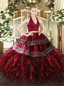 Ideal Wine Red Organza Zipper Halter Top Sleeveless Floor Length Sweet 16 Quinceanera Dress Appliques and Ruffles