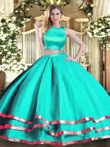 Aqua Blue Tulle Criss Cross Ball Gown Prom Dress Sleeveless Floor Length Ruching