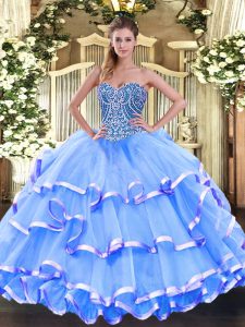 Baby Blue Sleeveless Floor Length Beading and Ruffled Layers Lace Up Quinceanera Gown