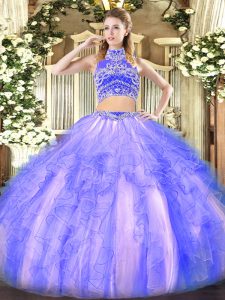Glittering Lavender Two Pieces High-neck Sleeveless Tulle Floor Length Backless Beading and Ruffles 15 Quinceanera Dress