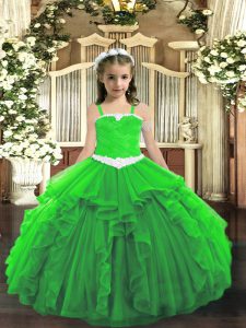 Green Sleeveless Floor Length Appliques and Ruffles Lace Up Little Girls Pageant Dress Wholesale