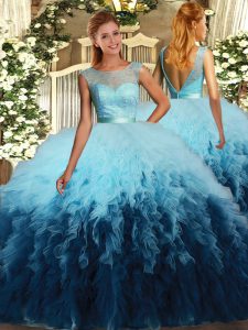 Multi-color Ball Gowns Tulle Scoop Sleeveless Beading and Ruffles Floor Length Backless Quinceanera Gown