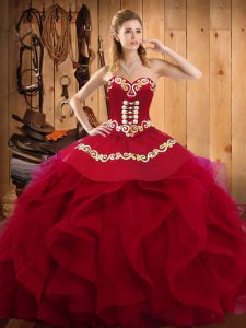 Decent Burgundy Organza Lace Up Sweetheart Sleeveless Floor Length Sweet 16 Dresses Embroidery and Ruffles