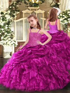 Straps Sleeveless Little Girls Pageant Dress Wholesale Floor Length Beading and Ruffles Fuchsia Organza