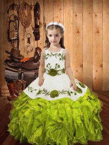 Olive Green Organza Lace Up Kids Pageant Dress Sleeveless Floor Length Embroidery and Ruffles