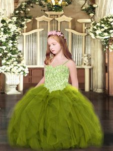 Floor Length Ball Gowns Sleeveless Olive Green Pageant Dress Toddler Lace Up