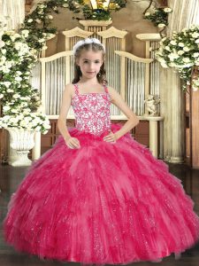 Most Popular Floor Length Hot Pink Pageant Dress Womens Straps Sleeveless Lace Up