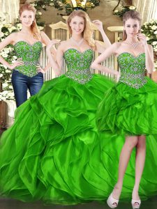 Pretty Green Sleeveless Floor Length Beading and Ruffles Lace Up Sweet 16 Dress