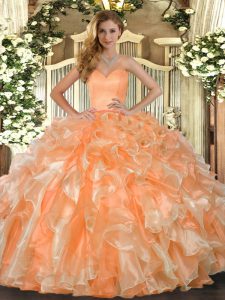 On Sale Floor Length Orange Quinceanera Dresses Organza Sleeveless Beading and Ruffles