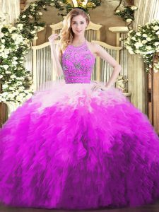 Traditional Sleeveless Floor Length Beading and Ruffles Zipper Ball Gown Prom Dress with Multi-color