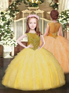 Beading and Ruffles Little Girl Pageant Gowns Gold Zipper Sleeveless Floor Length