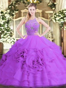 Fashion Tulle Halter Top Sleeveless Zipper Beading and Ruffled Layers 15 Quinceanera Dress in Eggplant Purple