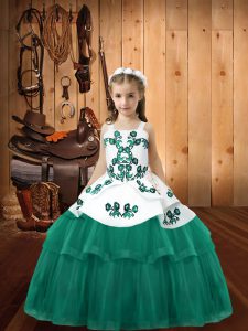 Turquoise Tulle Lace Up Straps Sleeveless Floor Length Girls Pageant Dresses Embroidery