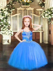 Eye-catching Blue Spaghetti Straps Neckline Beading Little Girls Pageant Gowns Sleeveless Lace Up
