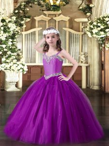Most Popular Straps Sleeveless Lace Up Pageant Gowns Eggplant Purple Tulle