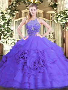 Latest Purple Halter Top Neckline Beading and Ruffled Layers Sweet 16 Dresses Sleeveless Zipper