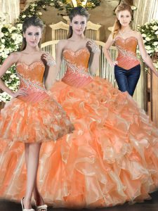 Best Sweetheart Sleeveless Quinceanera Gown Floor Length Beading and Ruffles Orange Red Tulle