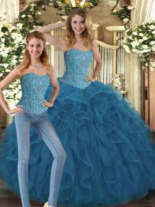 Teal Quinceanera Gown Military Ball and Sweet 16 and Quinceanera with Beading and Ruffles Sweetheart Sleeveless Lace Up