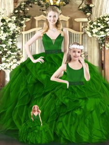 Green Zipper V-neck Beading and Ruffles Quinceanera Dresses Organza Sleeveless