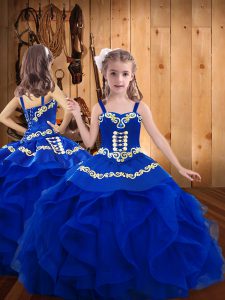 Trendy Royal Blue Organza Lace Up Kids Formal Wear Sleeveless Floor Length Embroidery