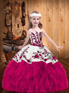 Sleeveless Organza Floor Length Lace Up Pageant Dresses in Fuchsia with Embroidery