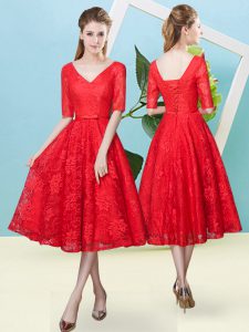 Gorgeous Red Lace Lace Up V-neck Half Sleeves Tea Length Damas Dress Bowknot