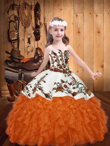 Sleeveless Organza Floor Length Lace Up Glitz Pageant Dress in Orange Red with Embroidery and Ruffles