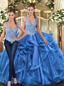 Beautiful Floor Length Blue Sweet 16 Dresses Tulle Sleeveless Beading and Ruffles