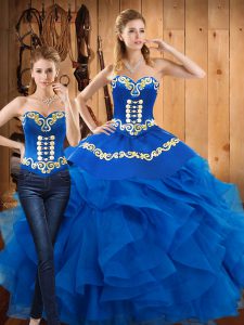 Pretty Blue Sweetheart Lace Up Embroidery and Ruffles Quince Ball Gowns Sleeveless