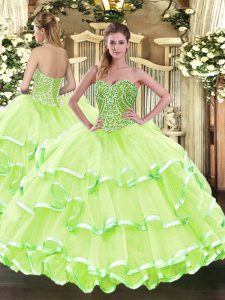 Yellow Green Ball Gowns Tulle Sweetheart Sleeveless Beading and Ruffled Layers Floor Length Lace Up Ball Gown Prom Dress