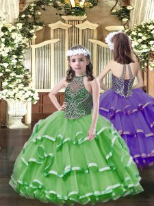 Green Organza Lace Up Halter Top Sleeveless Floor Length Child Pageant Dress Beading and Ruffled Layers