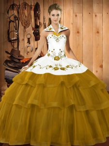 Edgy Olive Green Sleeveless Embroidery and Ruffled Layers Lace Up 15 Quinceanera Dress