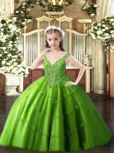 Custom Designed Green Tulle Lace Up Little Girls Pageant Gowns Sleeveless Floor Length Beading and Appliques