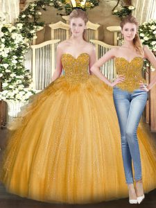 Elegant Sweetheart Sleeveless 15th Birthday Dress Floor Length Beading and Ruffles Gold Tulle