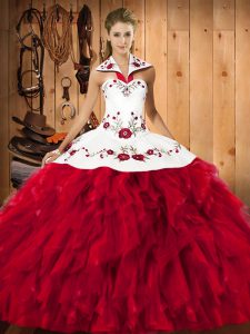 Red Ball Gowns Satin and Organza Halter Top Sleeveless Embroidery and Ruffles Floor Length Lace Up Quinceanera Dresses