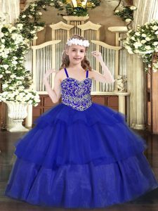 Stunning Beading and Ruffled Layers Little Girls Pageant Dress Wholesale Royal Blue Lace Up Sleeveless Floor Length