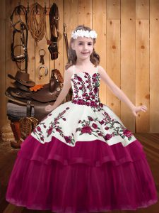 Floor Length Fuchsia Little Girl Pageant Gowns Straps Sleeveless Lace Up