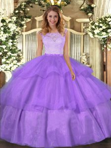 High End Organza Scoop Sleeveless Clasp Handle Lace and Ruffled Layers Ball Gown Prom Dress in Lavender