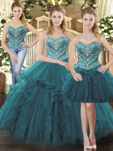 Free and Easy Teal 15 Quinceanera Dress Military Ball and Sweet 16 and Quinceanera with Beading and Ruffles Sweetheart Sleeveless Lace Up