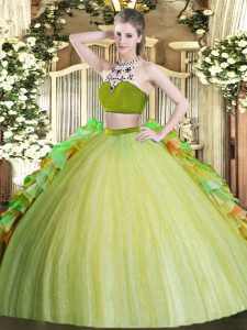 Olive Green Backless 15 Quinceanera Dress Beading and Ruffles Sleeveless Floor Length