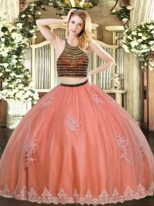 Traditional Coral Red Ball Gowns Beading and Appliques Sweet 16 Quinceanera Dress Zipper Tulle Sleeveless Floor Length
