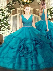 V-neck Sleeveless 15 Quinceanera Dress Floor Length Beading Teal Fabric With Rolling Flowers
