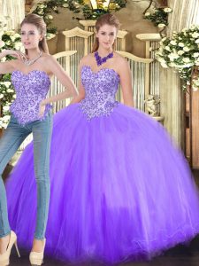 Flirting Lavender Ball Gowns Tulle Sweetheart Sleeveless Beading Floor Length Lace Up Quinceanera Dresses