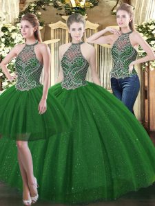Custom Design Sleeveless Tulle Floor Length Lace Up Quinceanera Gown in Dark Green with Beading