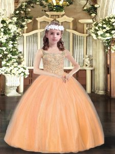 Custom Designed Orange Lace Up Straps Beading Evening Gowns Tulle Sleeveless