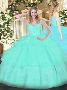 Spaghetti Straps Sleeveless Quince Ball Gowns Floor Length Ruffled Layers Apple Green Organza
