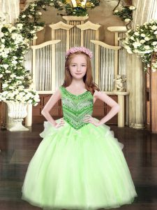 Unique Apple Green Organza Lace Up Pageant Gowns For Girls Sleeveless Floor Length Beading